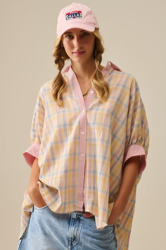 Q2 Oversized Flowy Blouse with Checked Contrast