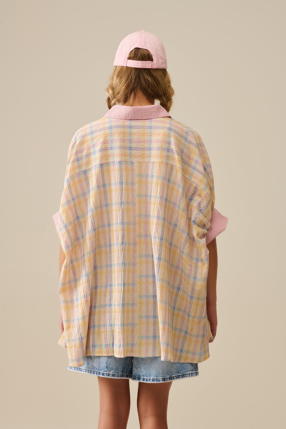 Oversized Flowy Blouse with Checked Contrast