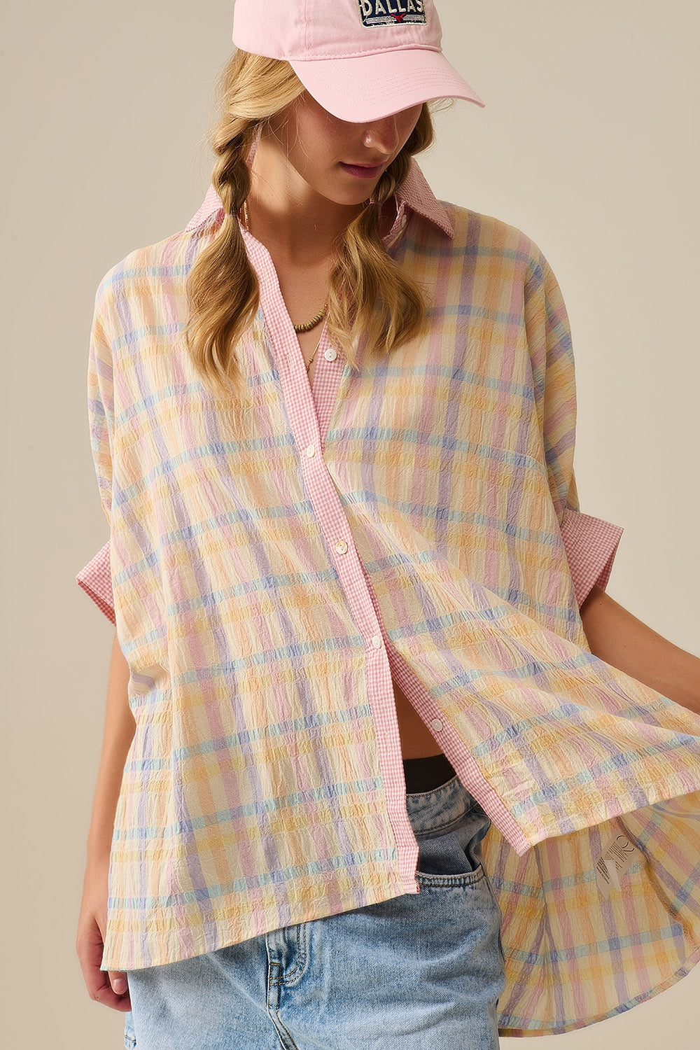 Oversized Flowy Blouse with Checked Contrast