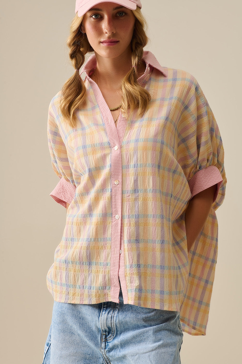 Oversized Flowy Blouse with Checked Contrast