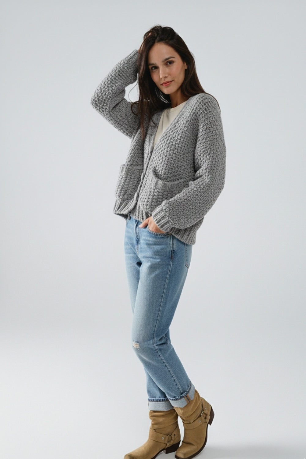 Oversized gray chunky knit jacket with pockets