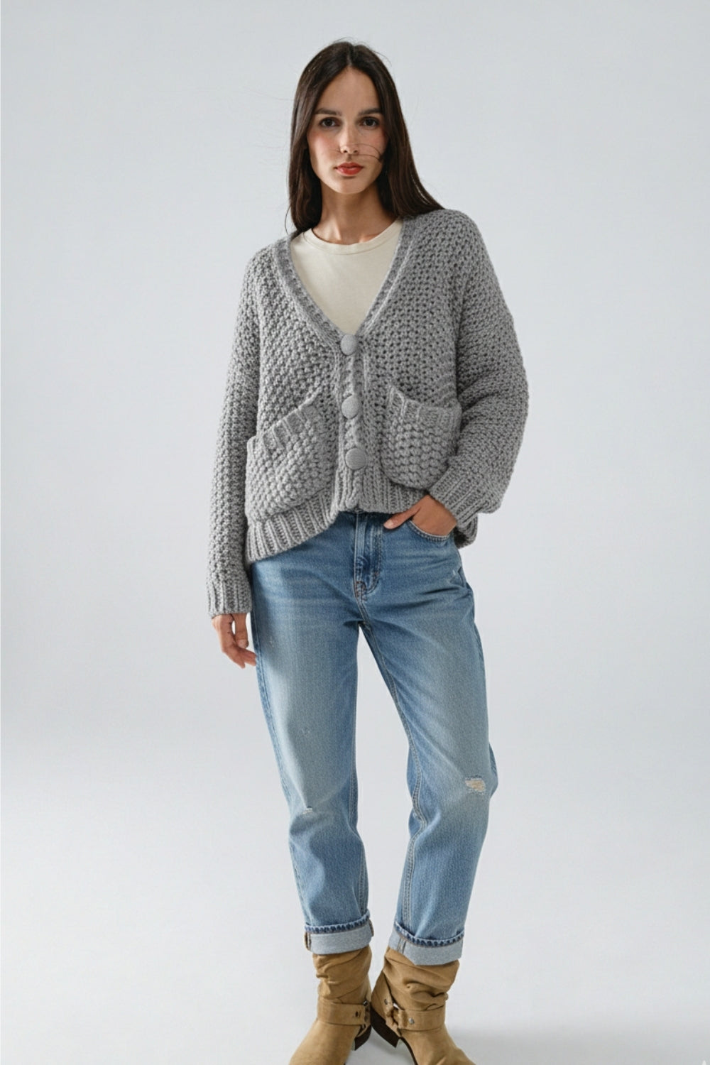 Oversized gray chunky knit jacket with pockets