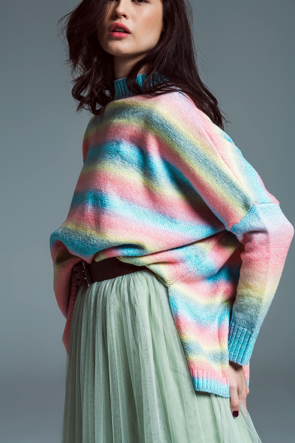 Oversized Multicolor High Necke Sweater With Side Slits