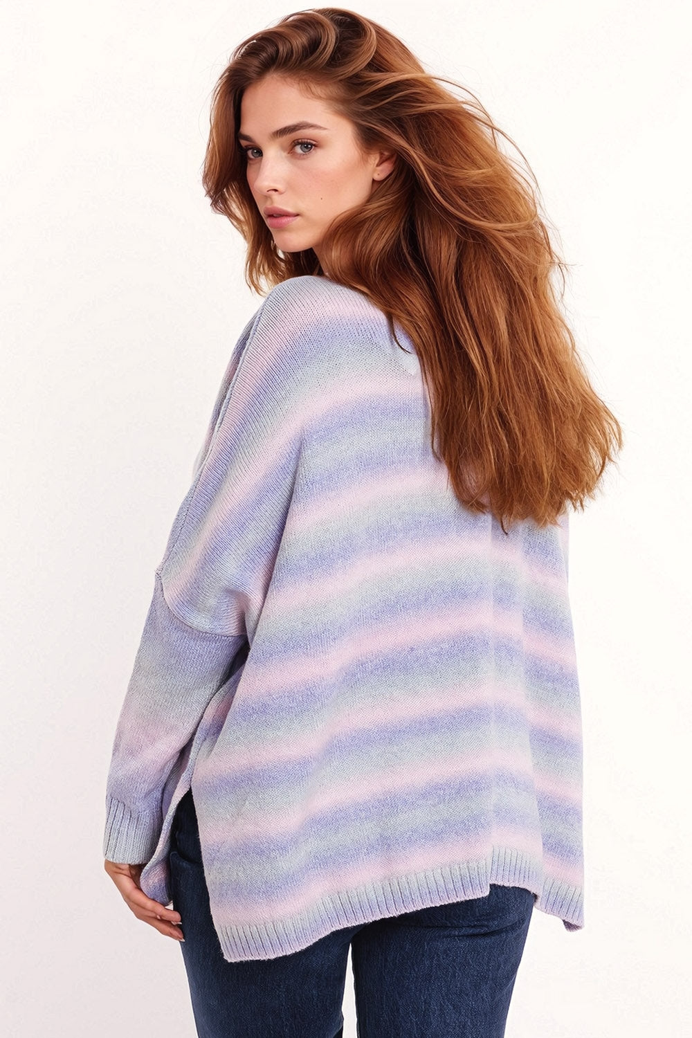 Oversized Multicolor in Shades of Purple High Neck Sweater With Side Slits