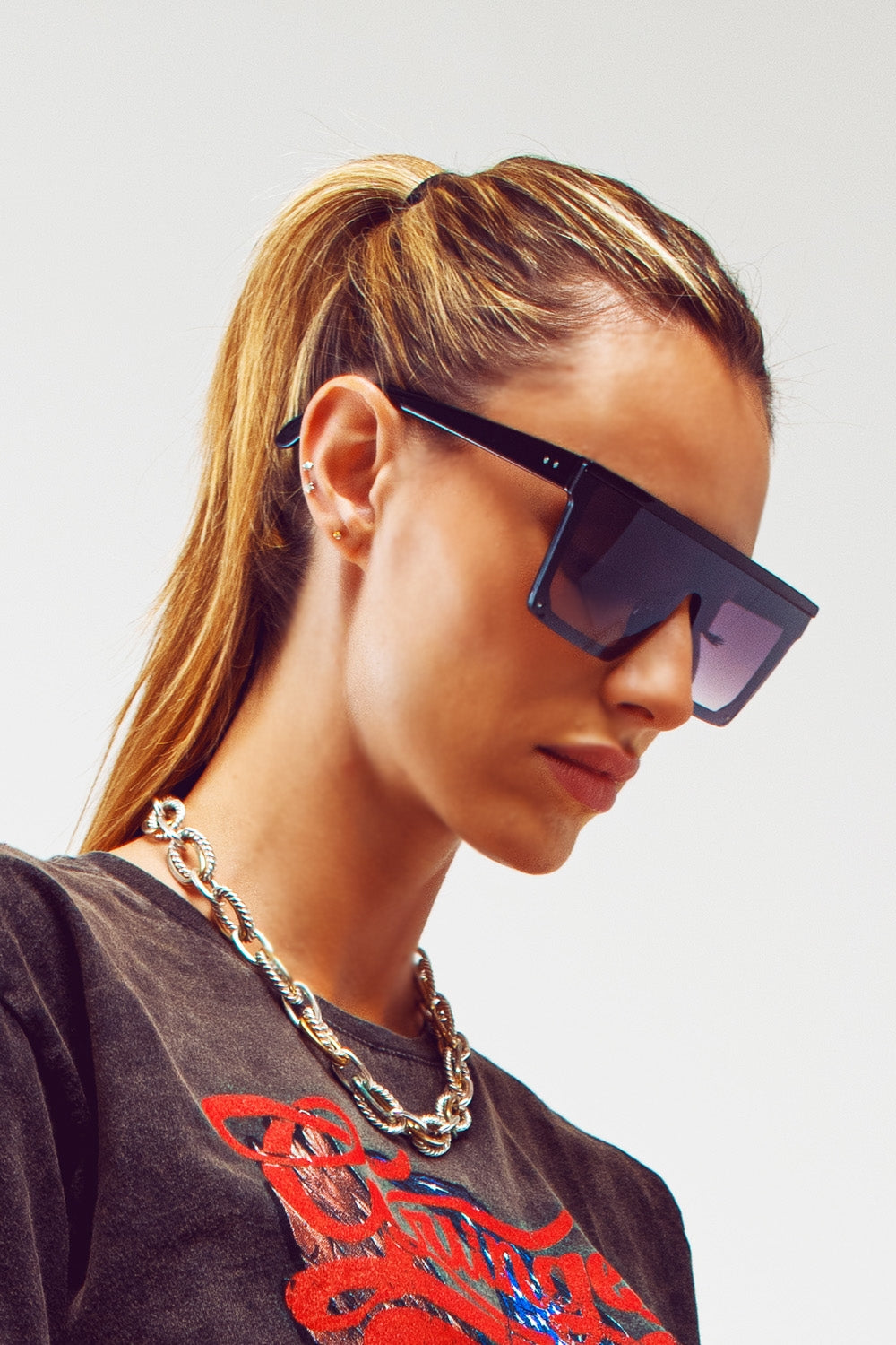 Oversized vierkante zonnebril uit de jaren 70 in zwart