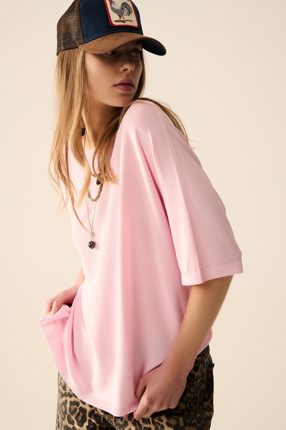 Q2 Oversized sweater in Pink with Elbow-Length Sleeves