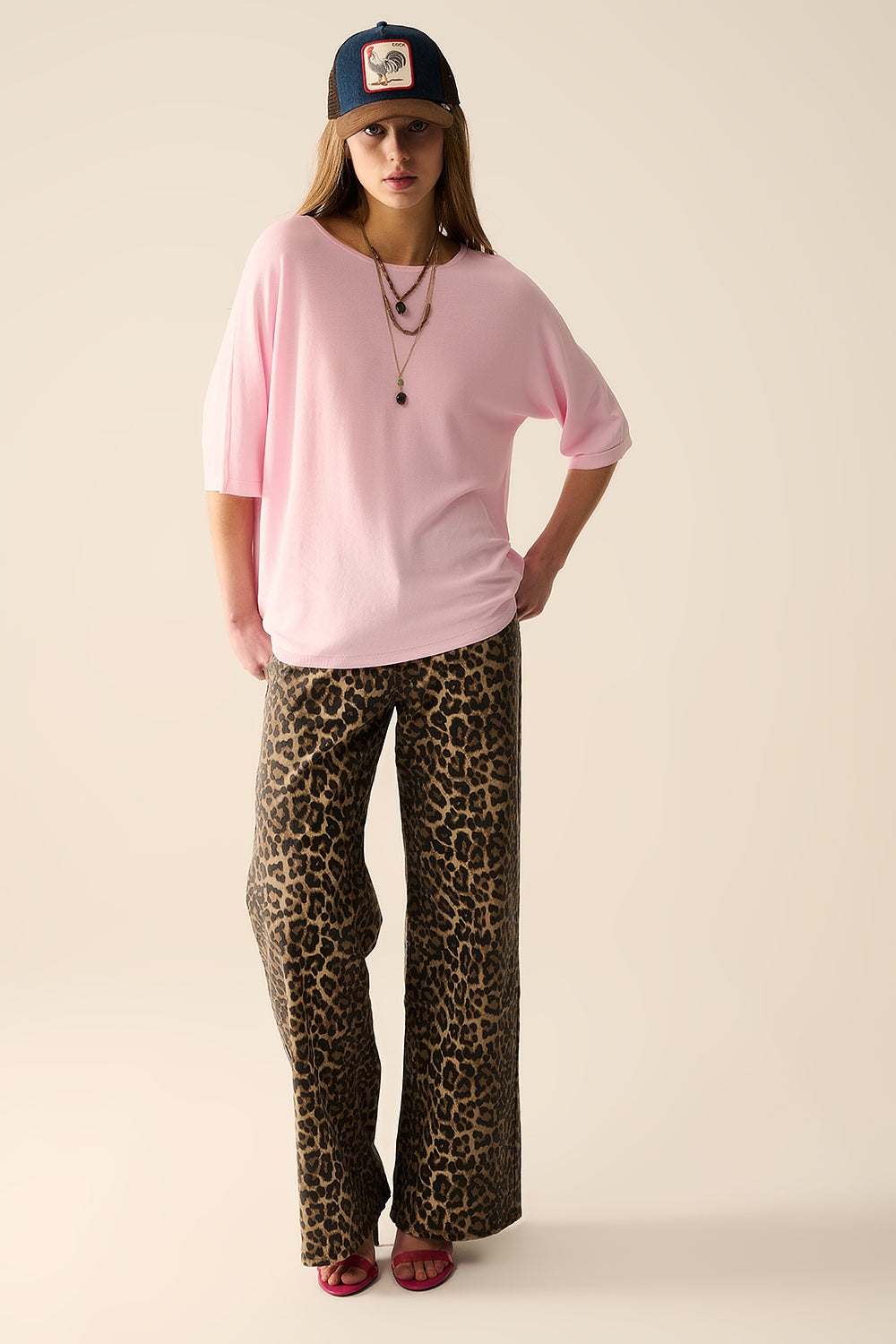 Camisola oversized rosa com mangas até ao cotovelo