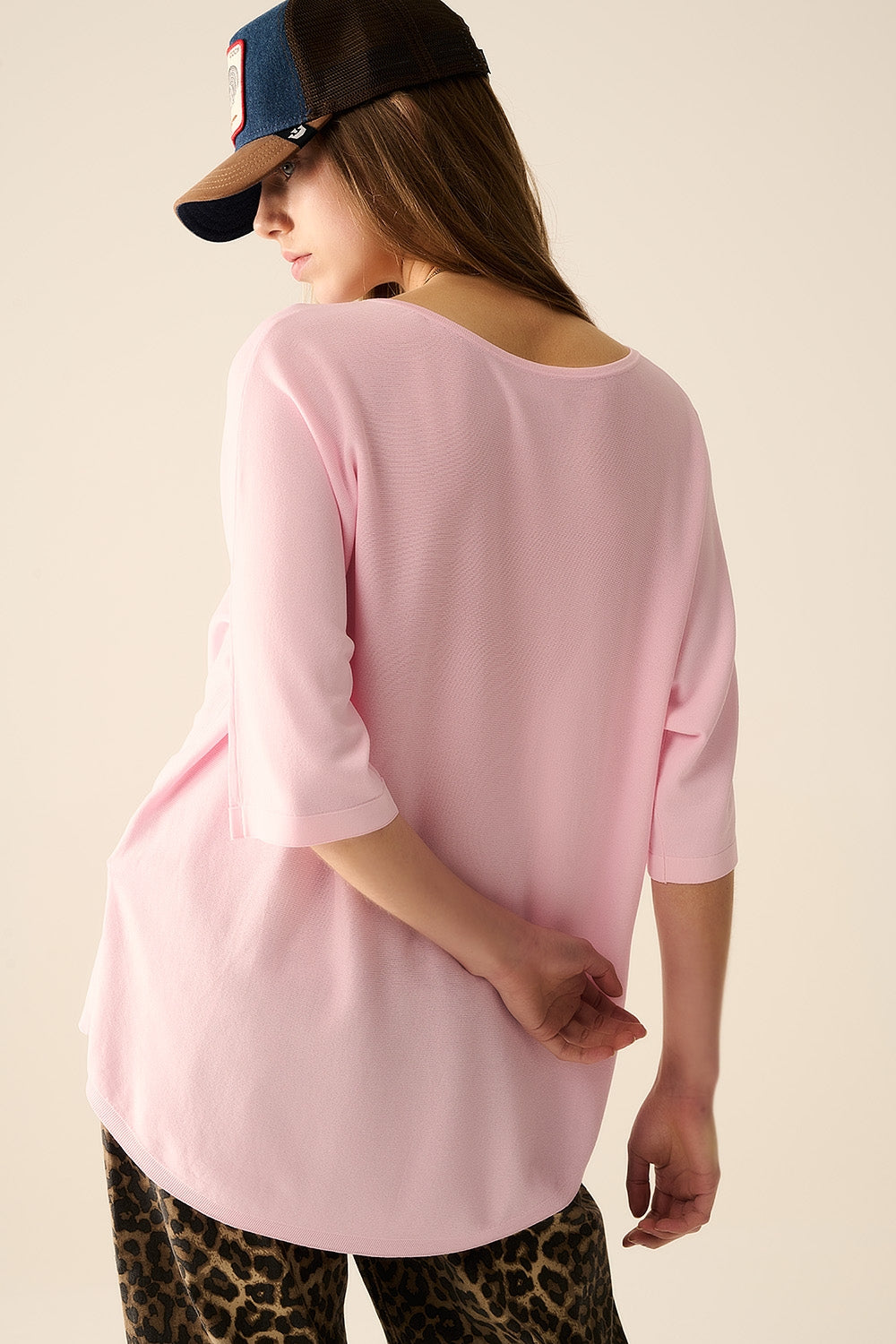 Camisola oversized rosa com mangas até ao cotovelo