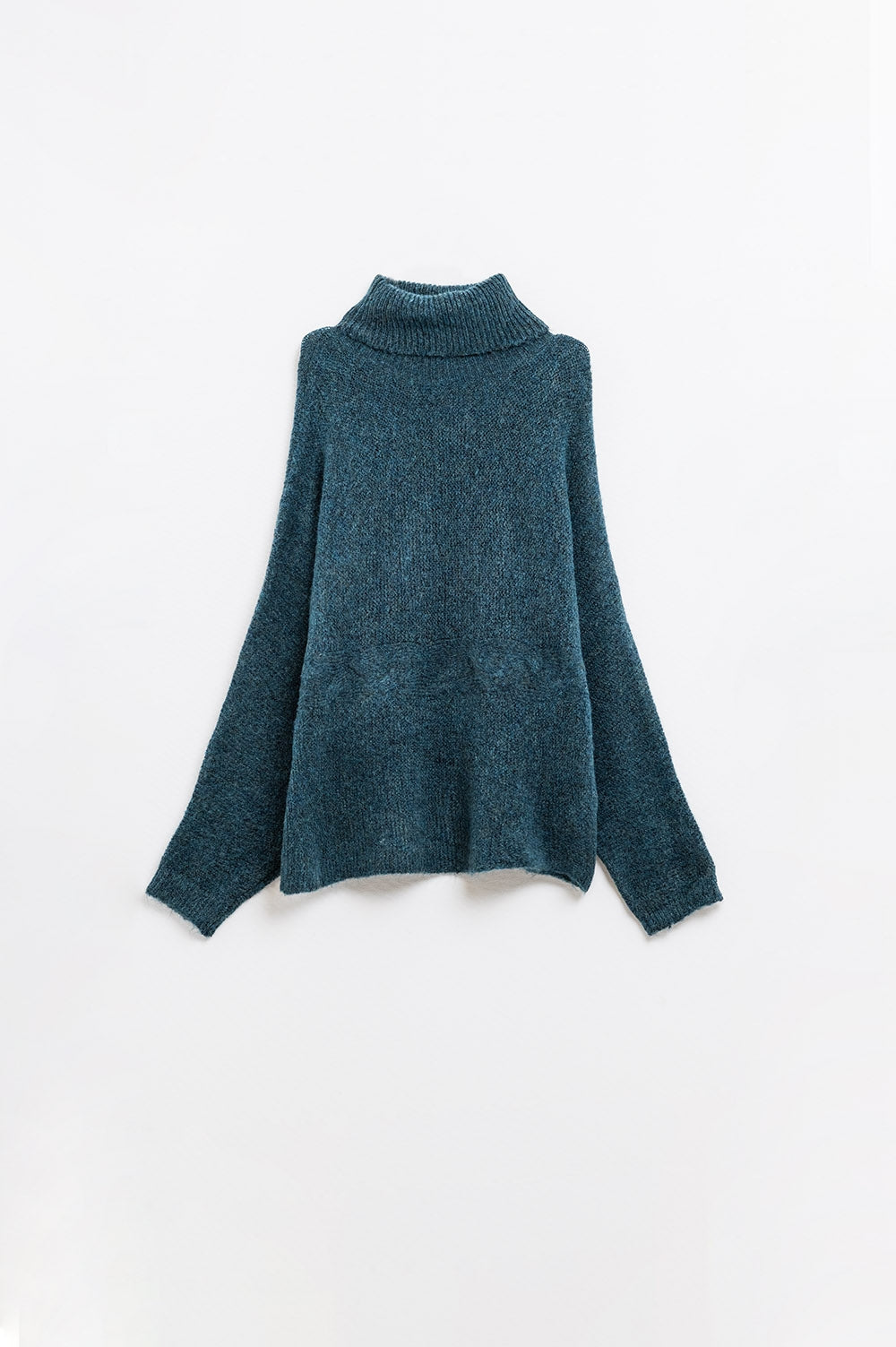 Oversized sweater in teal with a high neck and loose sleeves