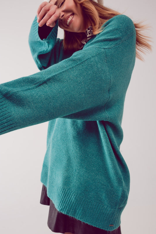 Q2 Oversized v neck sweater dress in turquoise