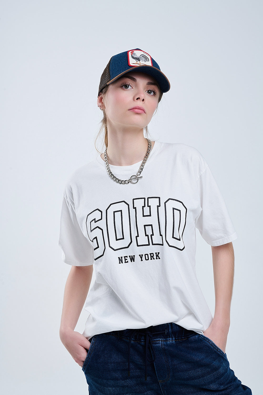 Q2 Oversized White T-shirt With Soho New York At The Front
