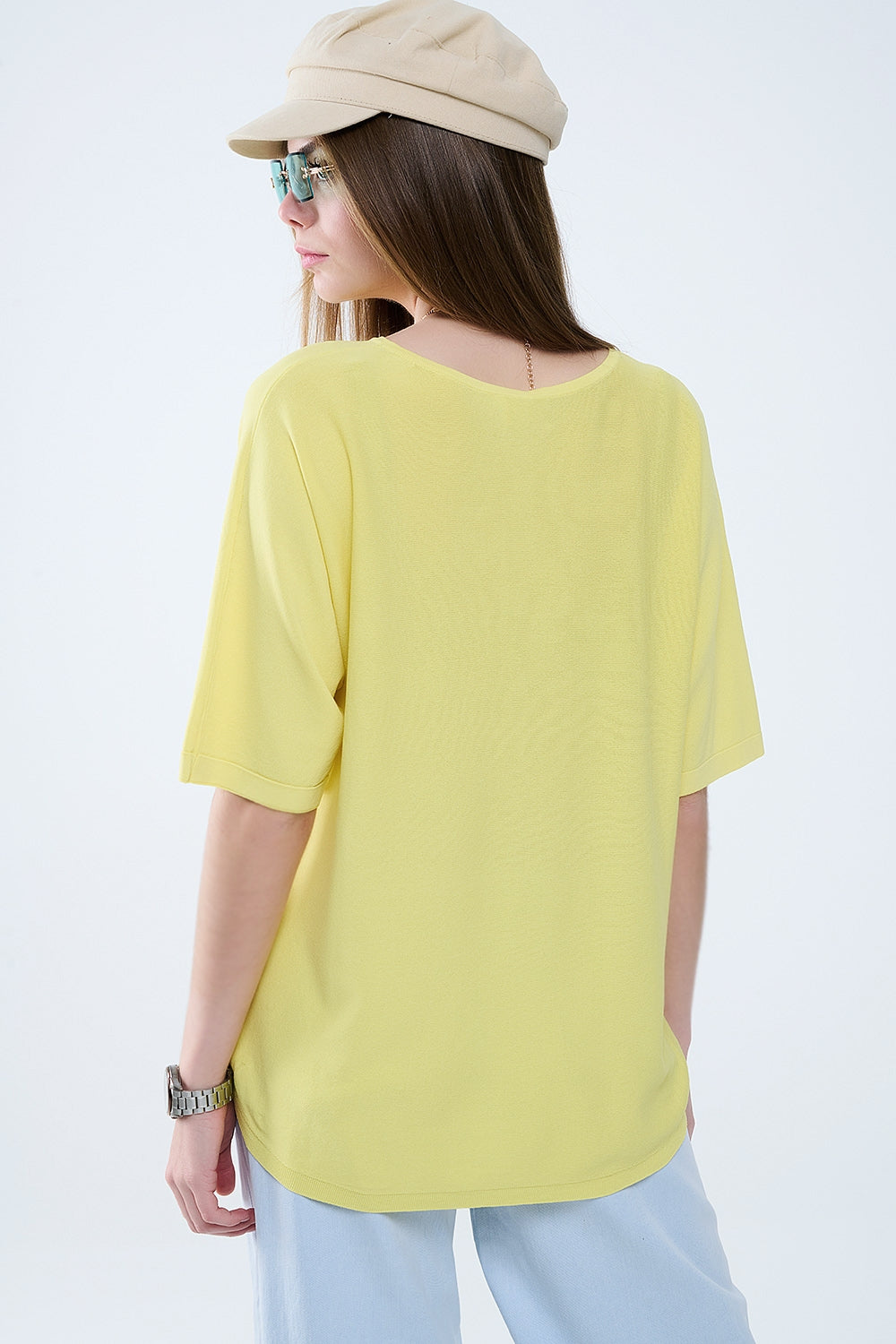 Oversized Yellow Sweater with Elbow-Length Sleeves