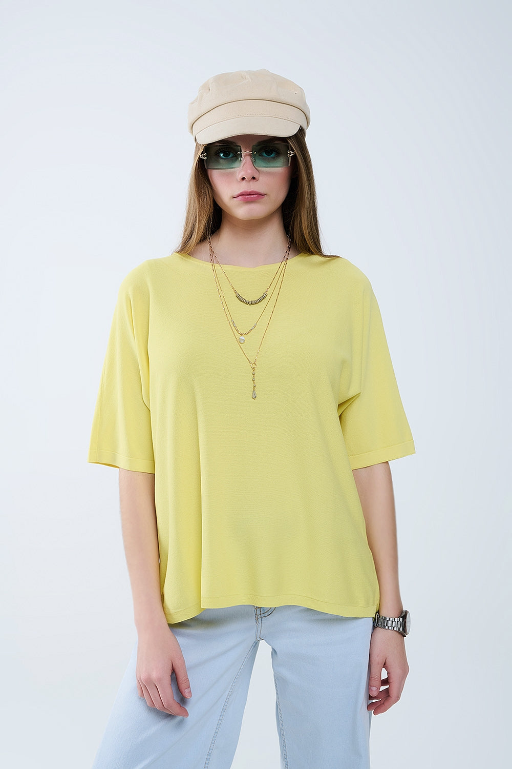 Oversized Yellow Sweater with Elbow-Length Sleeves