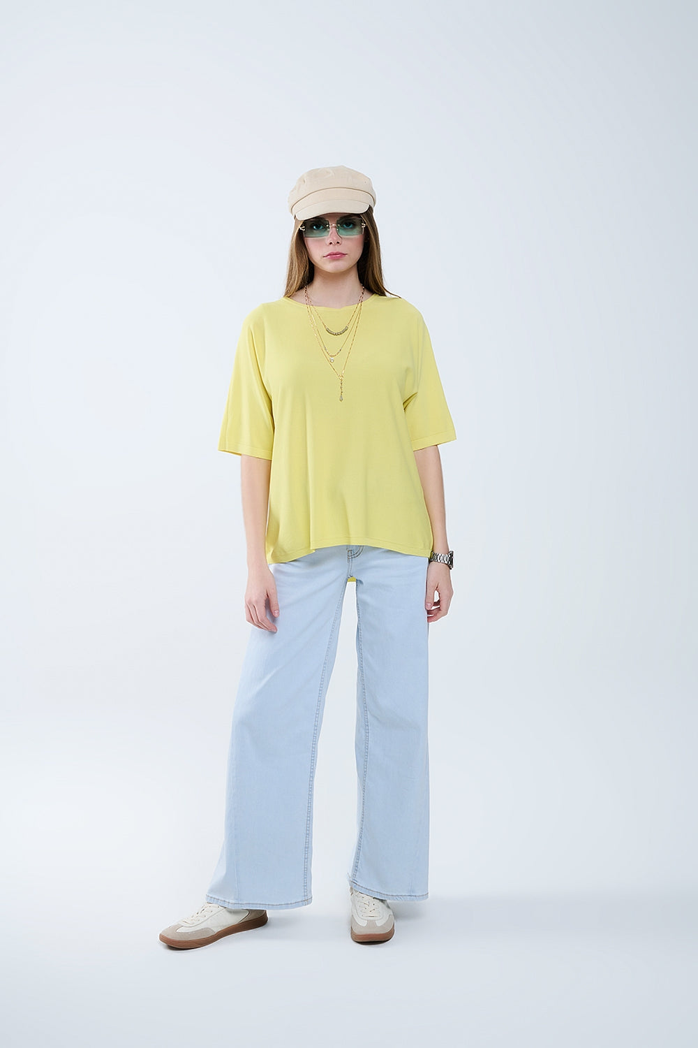 Oversized Yellow Sweater with Elbow-Length Sleeves