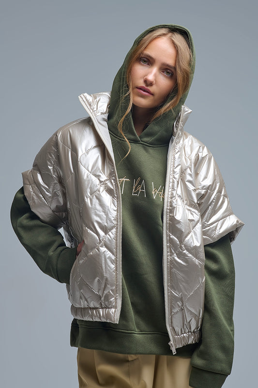 Q2 padded down jacket in gold with Cap Sleeve