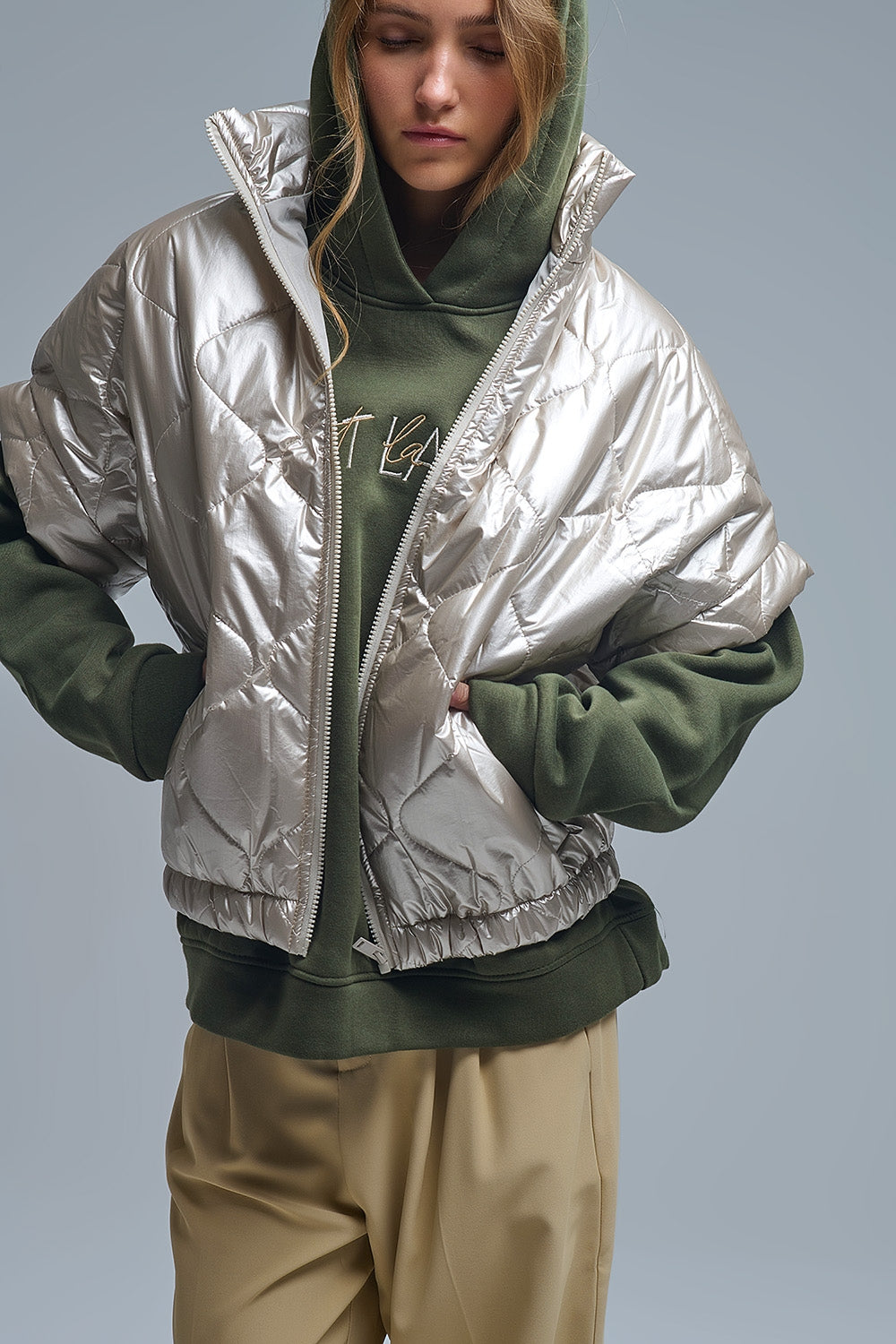 padded down jacket in gold with Cap Sleeve