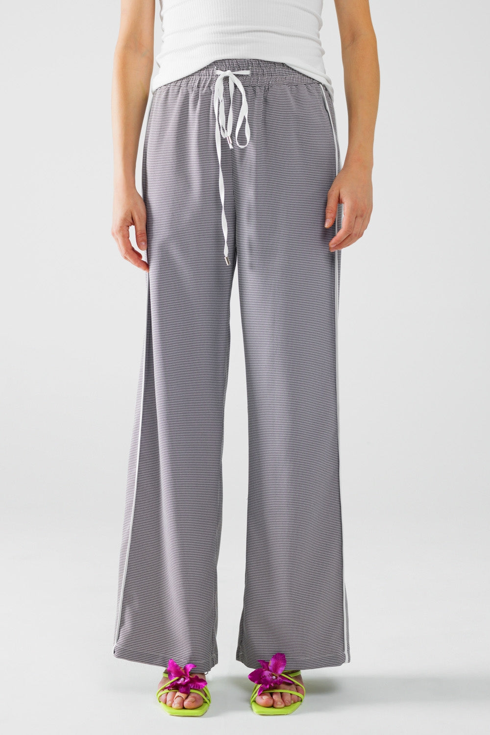 Palazzo zwart-witte Gingham-broek met trekkoord