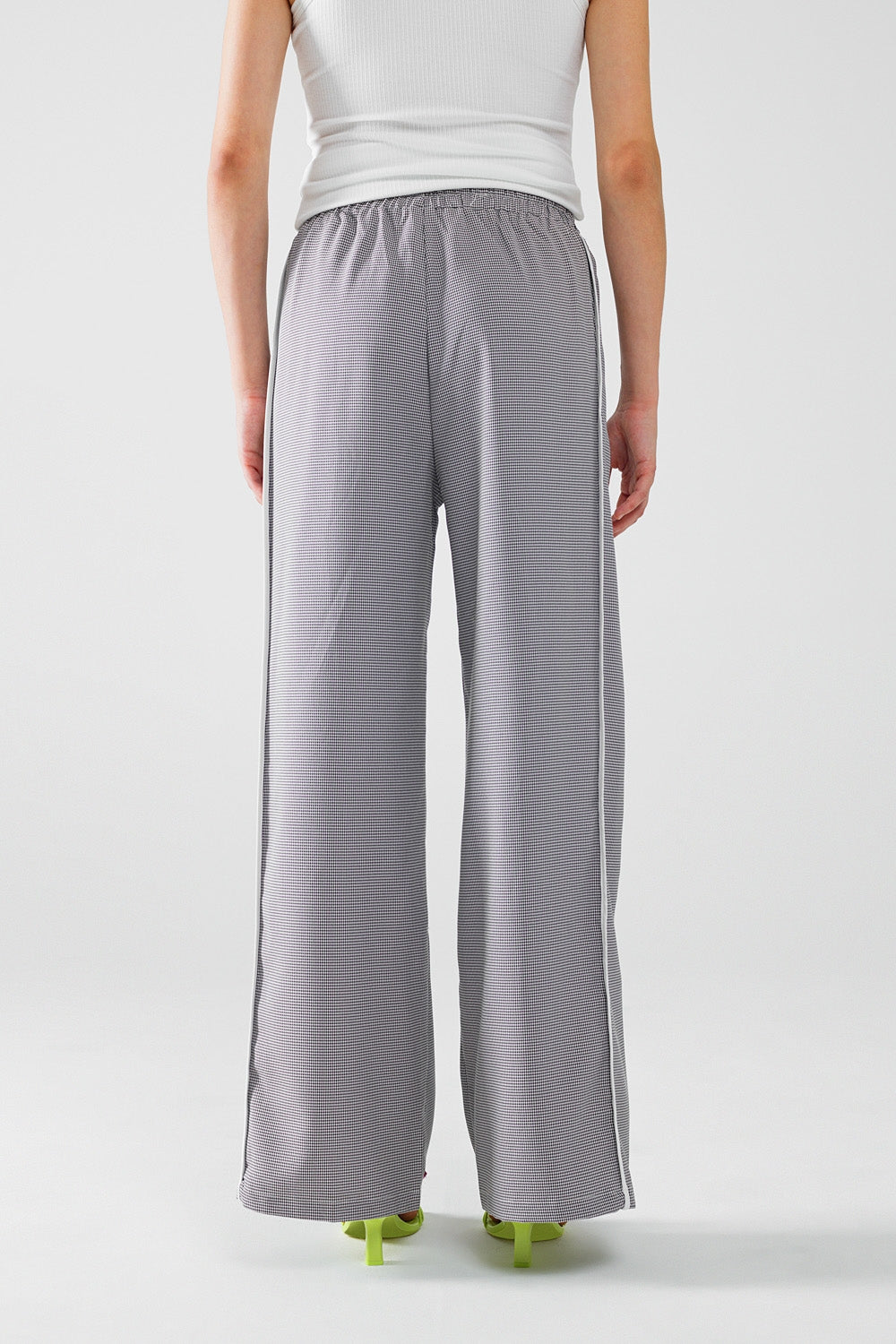 Palazzo zwart-witte Gingham-broek met trekkoord