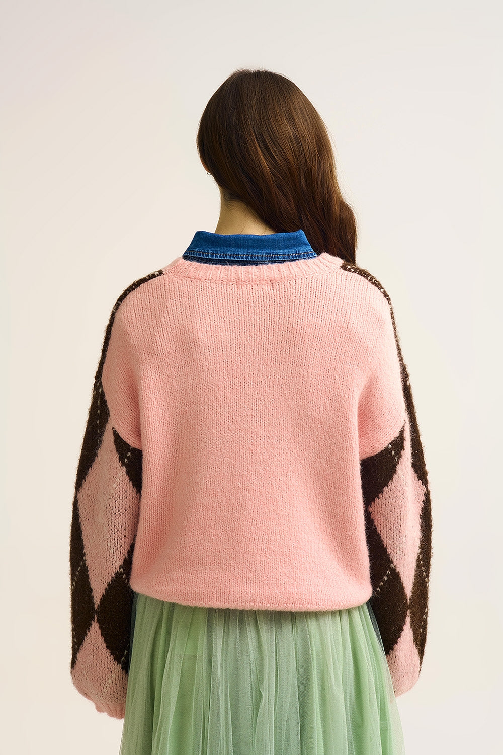 Pink and Brown Argyle Knit Sweater with Voluminous Sleeves