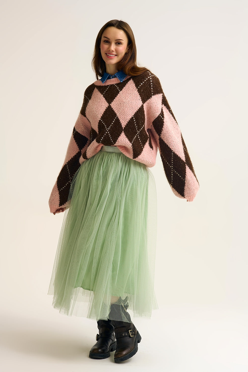 Pink and Brown Argyle Knit Sweater with Voluminous Sleeves