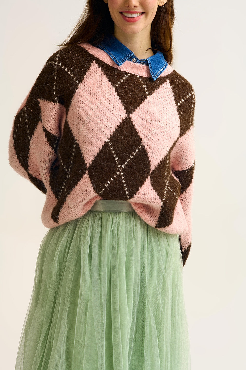 Pink and Brown Argyle Knit Sweater with Voluminous Sleeves