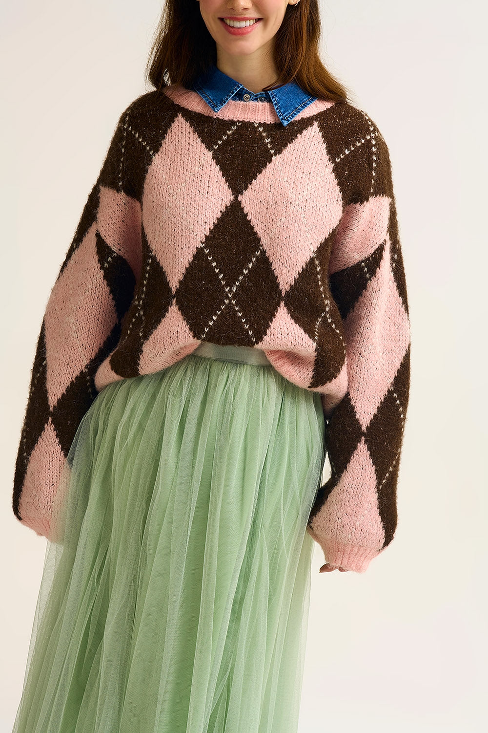 Pink and Brown Argyle Knit Sweater with Voluminous Sleeves