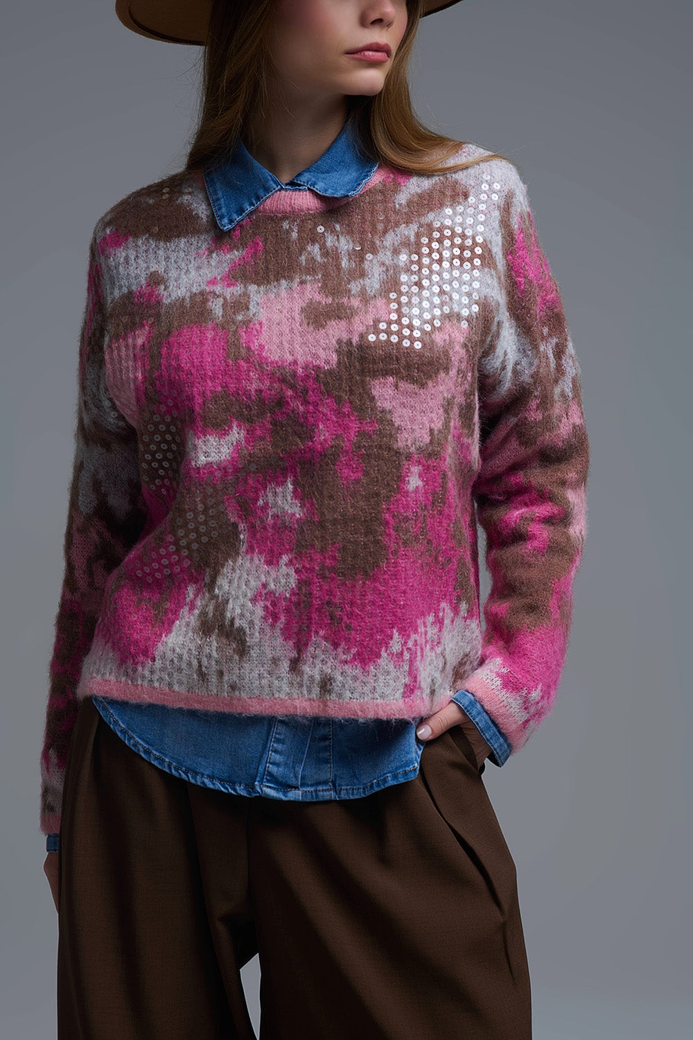 Pink Animal Print Sweater With Sequins