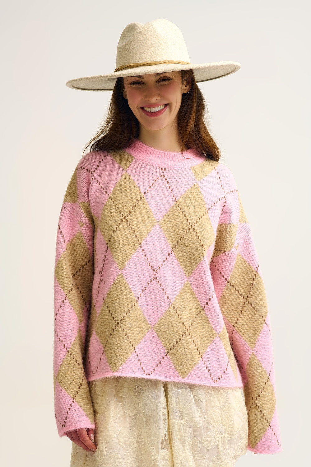 Pink Argyle Chunky Knit Sweater in Soft Contrast green Color