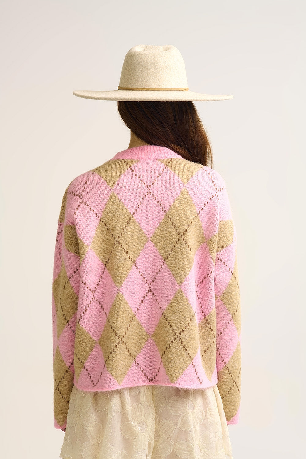 Pink Argyle Chunky Knit Sweater in Soft Contrast green Color