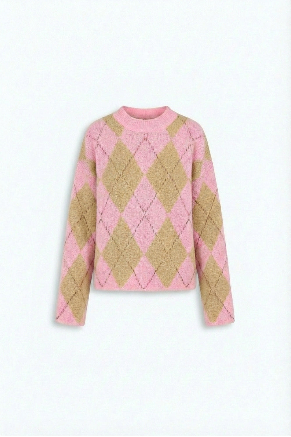 Pink Argyle Chunky Knit Sweater in Soft Contrast green Color