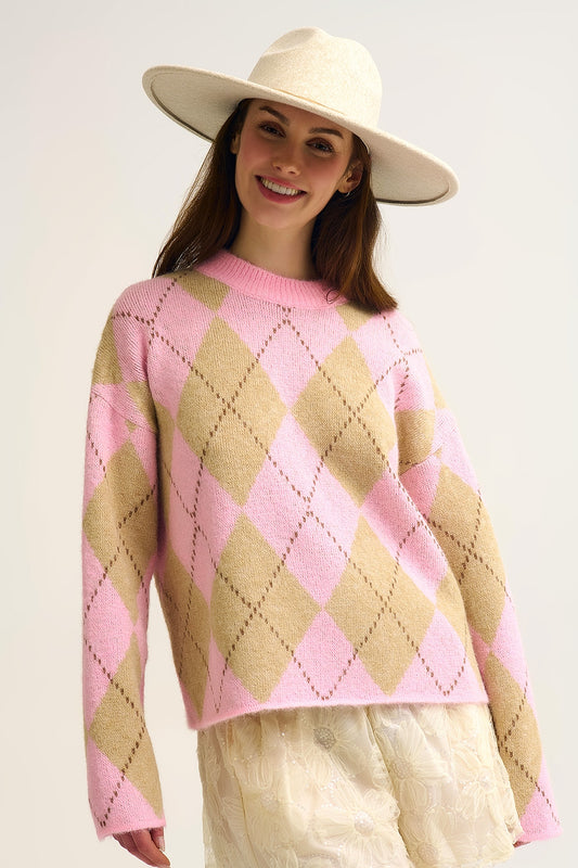 Q2 Pink Argyle Chunky Knit Sweater in Soft Contrast green Color