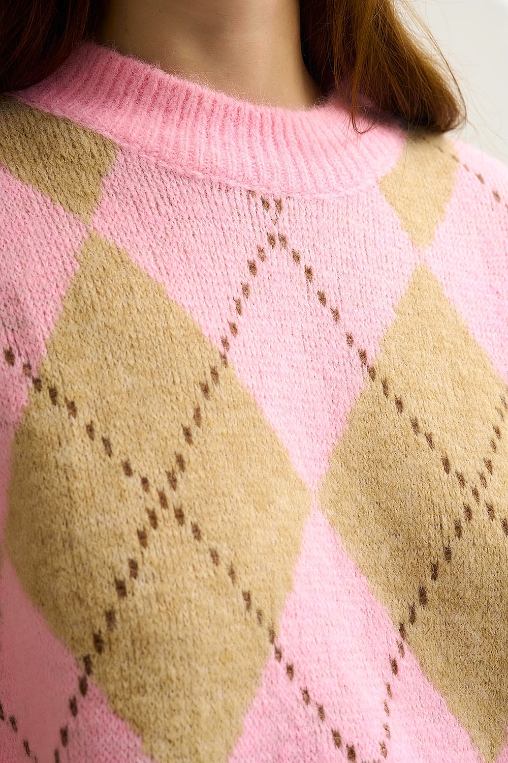 Pink Argyle Chunky Knit Sweater in Soft Contrast green Color