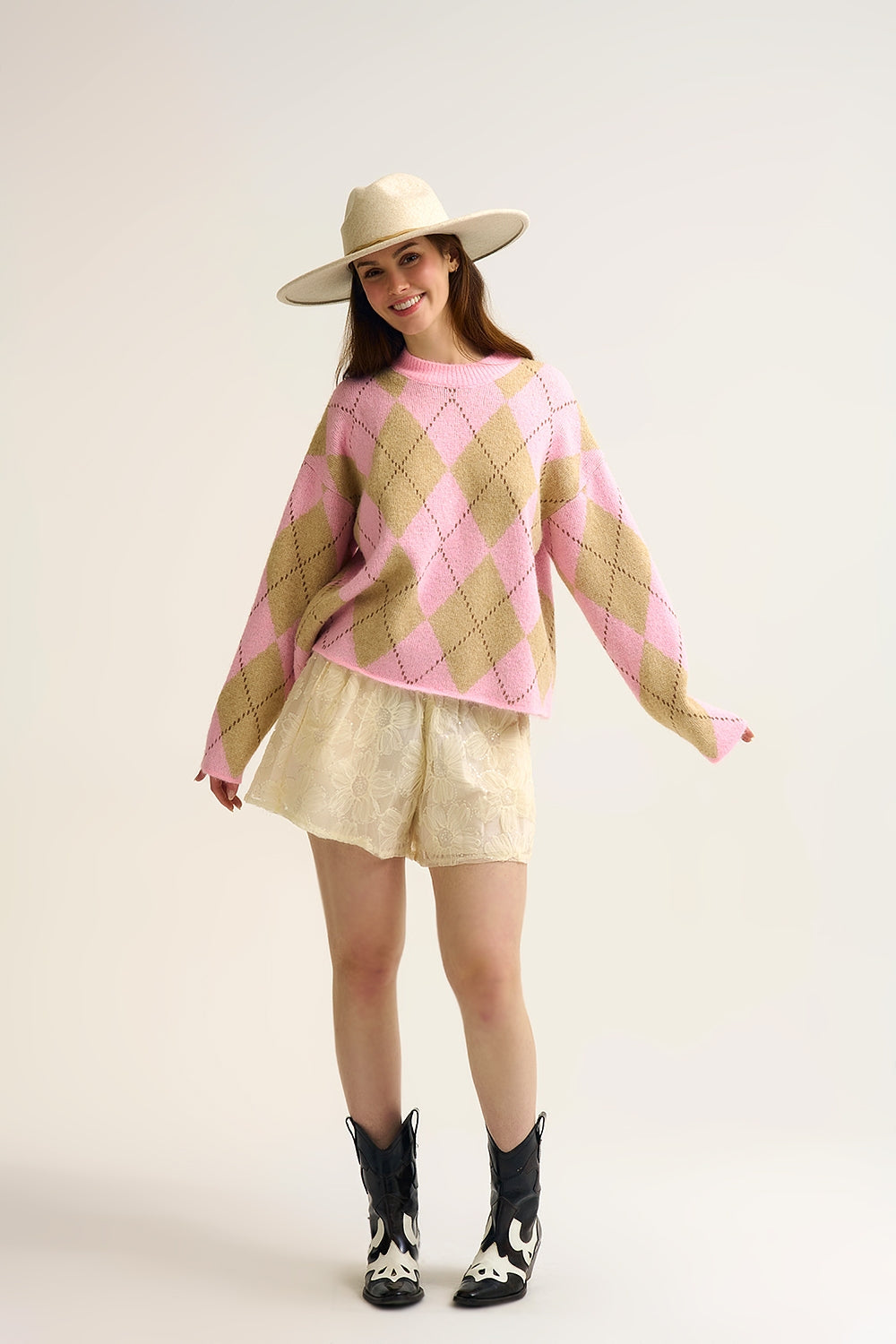 Pink Argyle Chunky Knit Sweater in Soft Contrast green Color