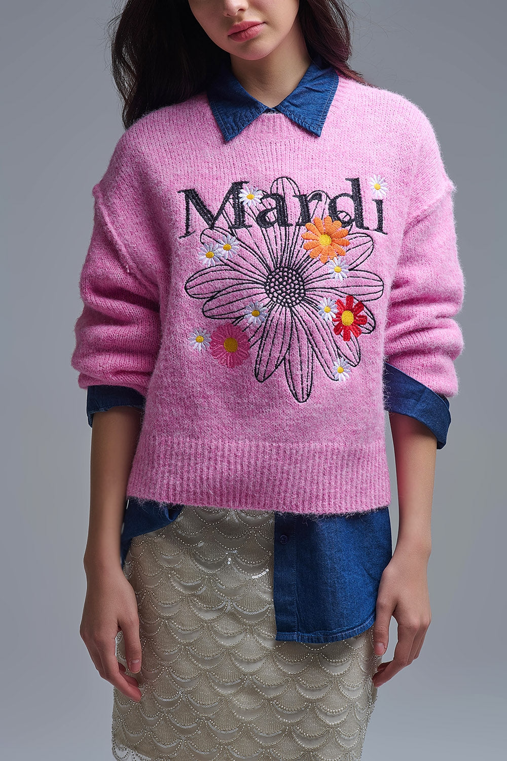 Q2 Pink Embroidered Mardi Sweater With Flowers