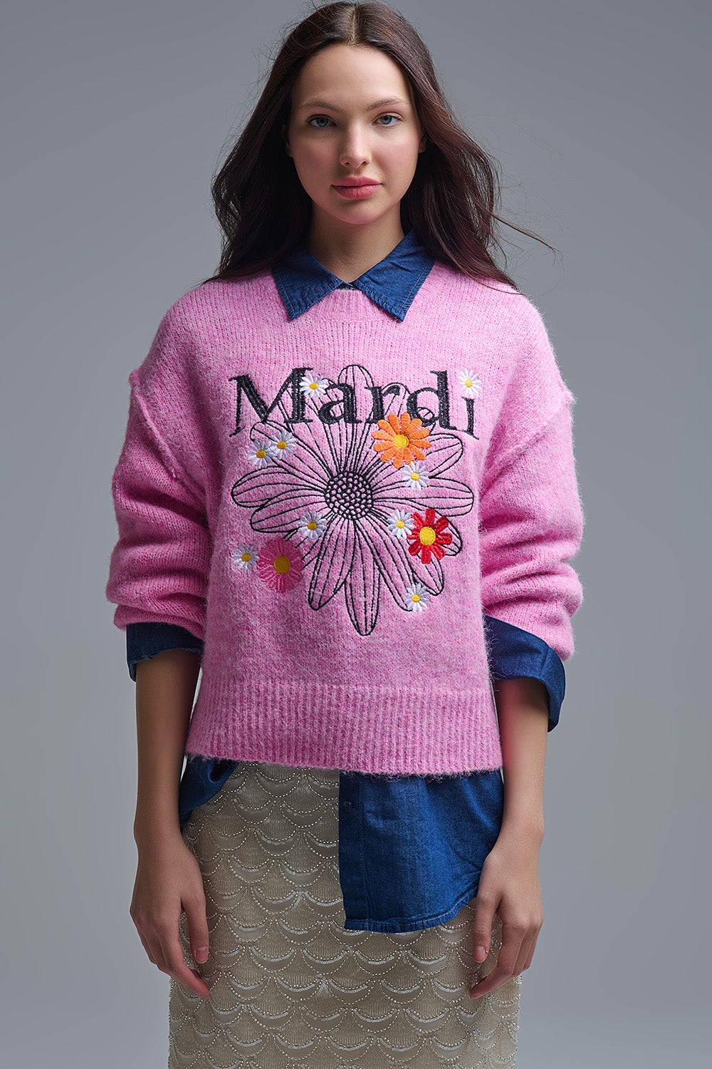 Pink Embroidered Mardi Sweater With Flowers