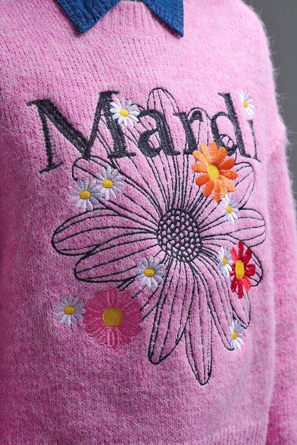 Pink Embroidered Mardi Sweater With Flowers