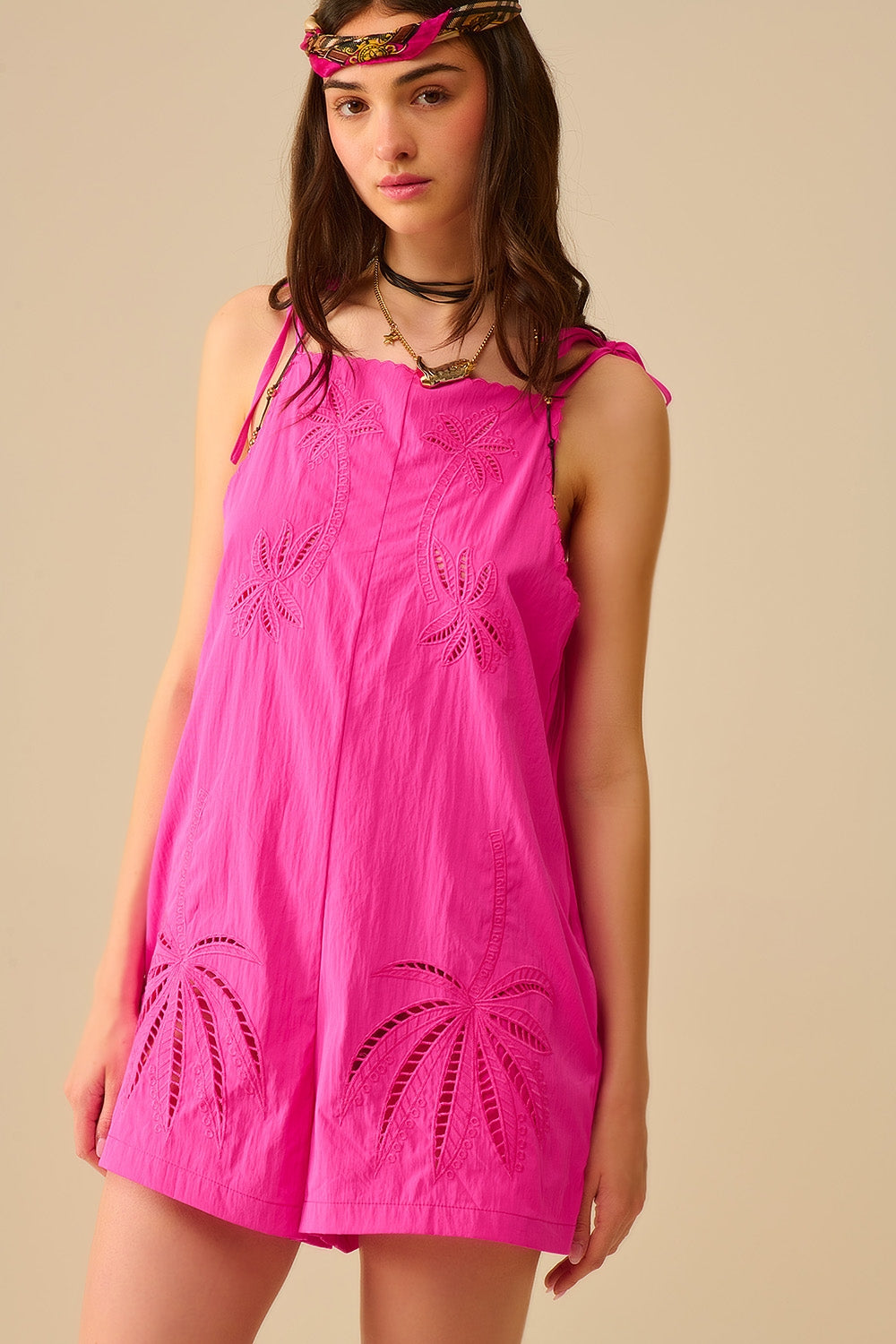 Pink Embroidered Palm Tree Jumpsuit