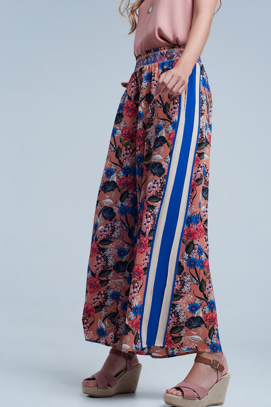 Q2 Pink floral pants with side stripe