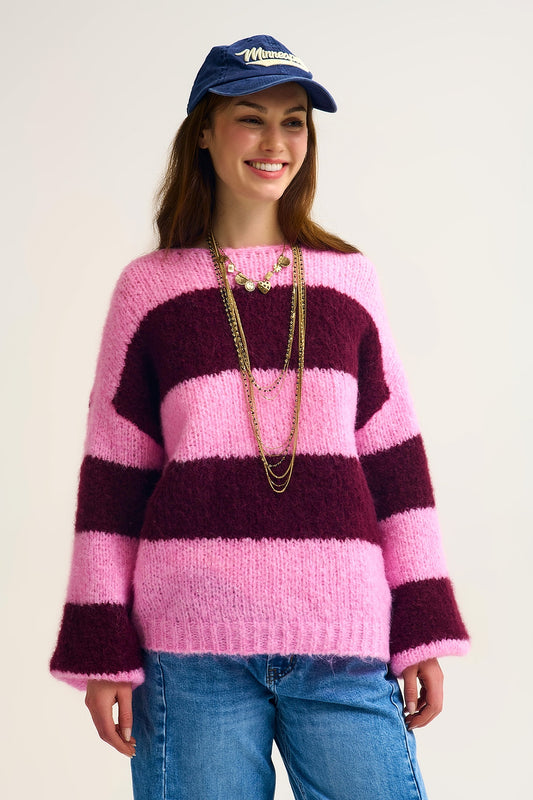 Q2 Pink Fluffy Striped Knit Sweater with Balloon Sleeves