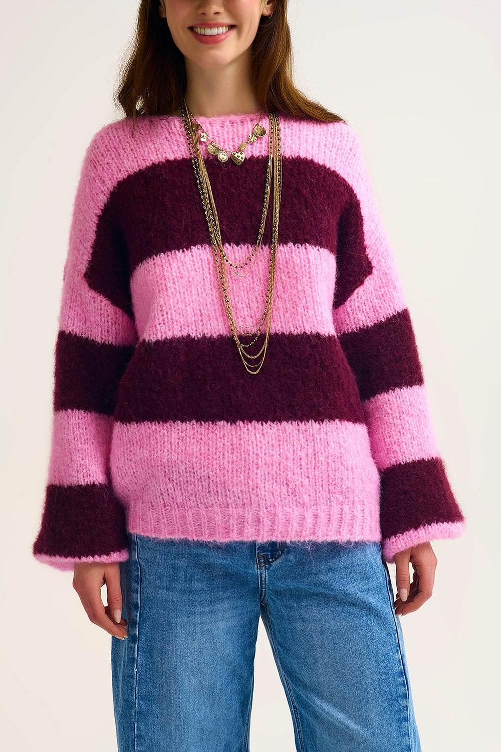 Pink Fluffy Striped Knit Sweater with Balloon Sleeves
