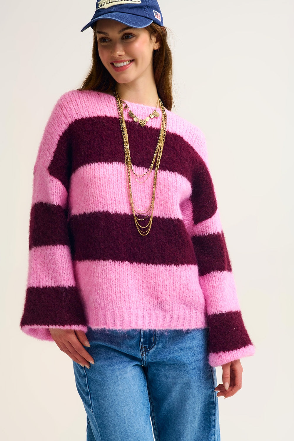 Pink Fluffy Striped Knit Sweater with Balloon Sleeves