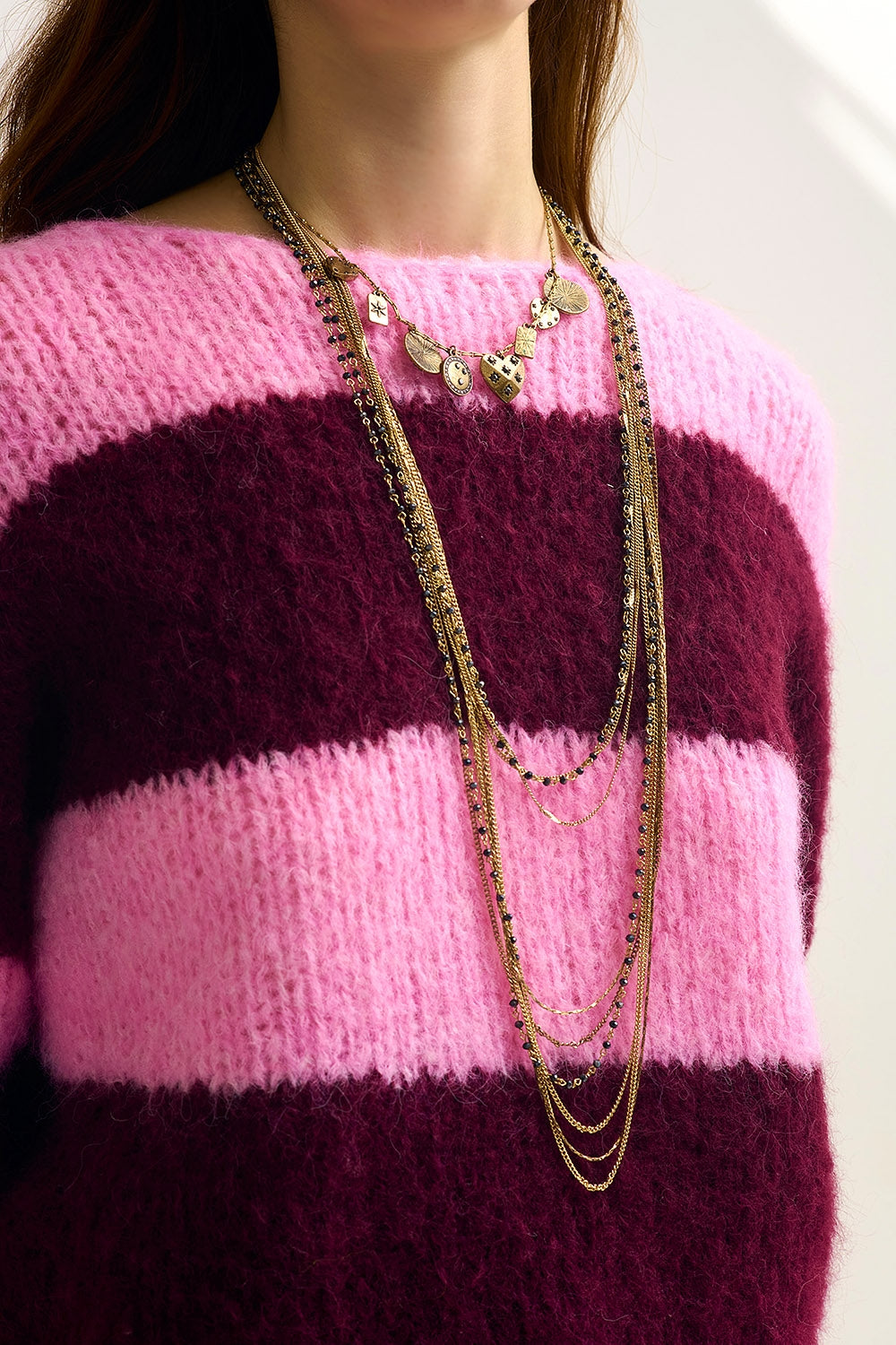 Pink Fluffy Striped Knit Sweater with Balloon Sleeves