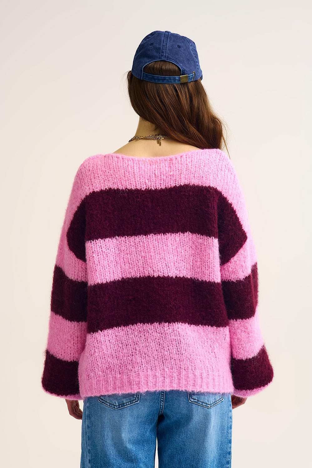 Pink Fluffy Striped Knit Sweater with Balloon Sleeves