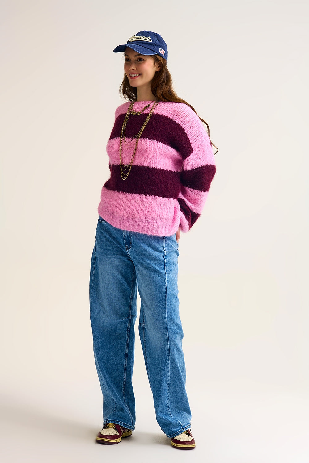 Pink Fluffy Striped Knit Sweater with Balloon Sleeves