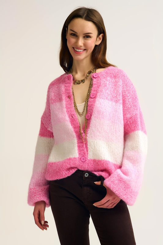 Q2 Pink Gradient Chunky Knit Cardigan with Soft Texture and Button Front