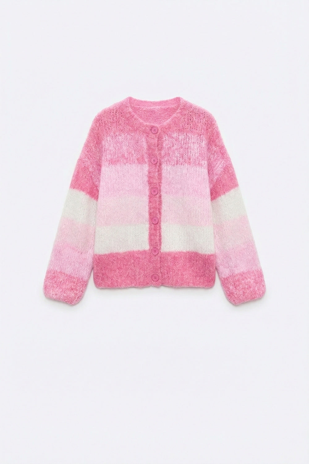 Pink Gradient Chunky Knit Cardigan with Soft Texture and Button Front