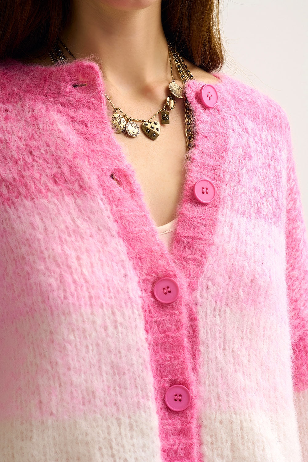 Pink Gradient Chunky Knit Cardigan with Soft Texture and Button Front