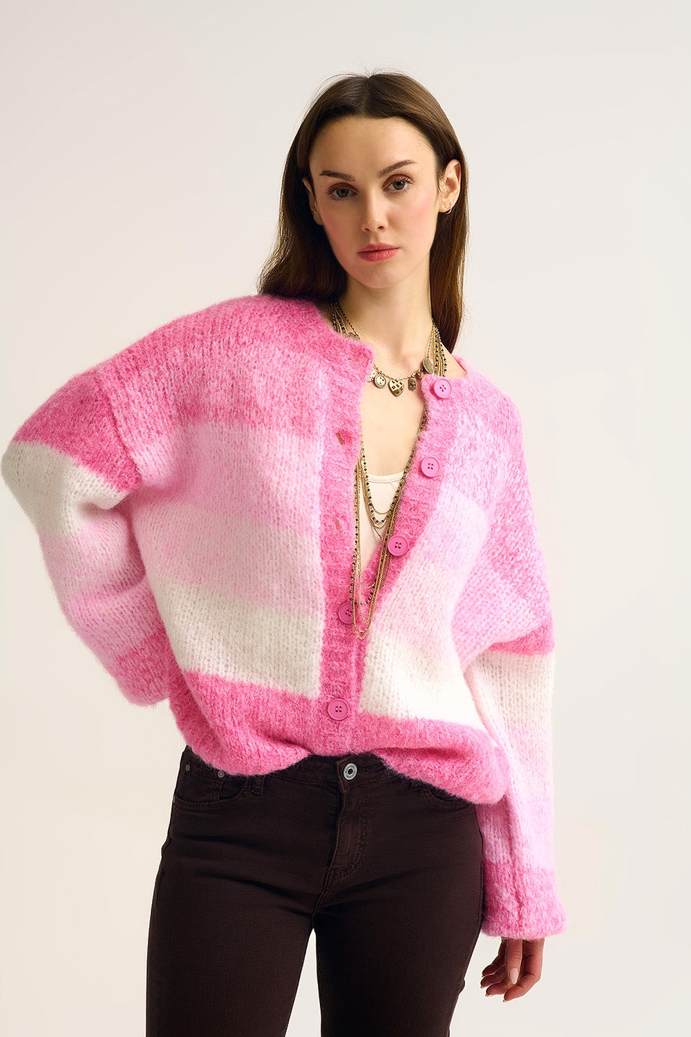 Pink Gradient Chunky Knit Cardigan with Soft Texture and Button Front
