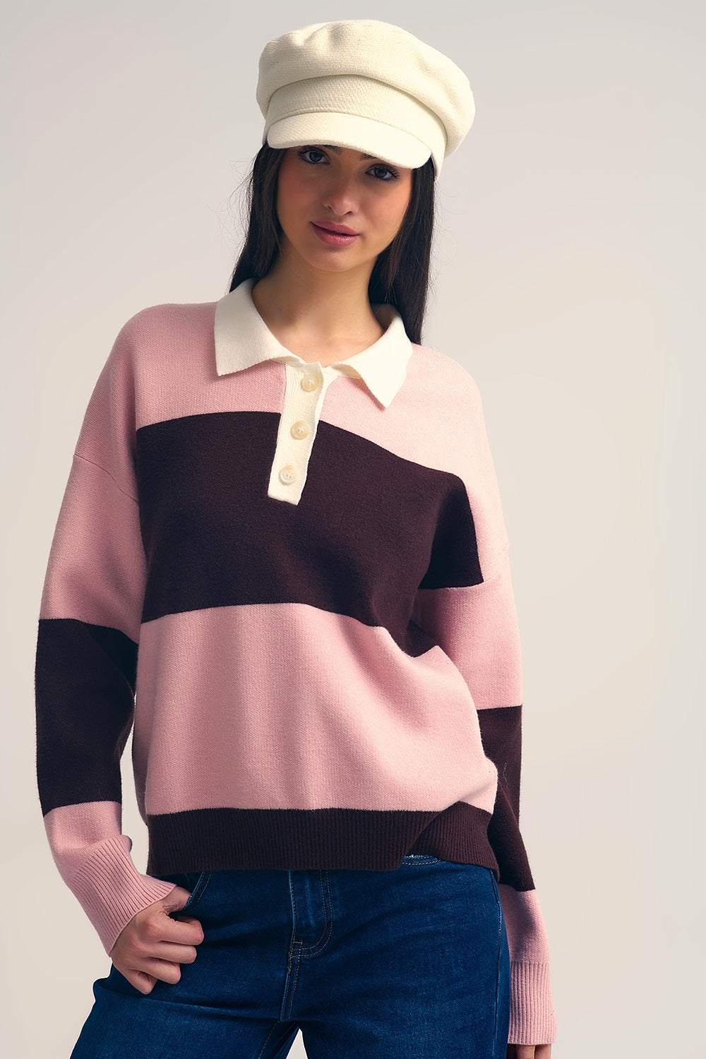Q2 Pink Knit Polo Sweater with Brown Stripes