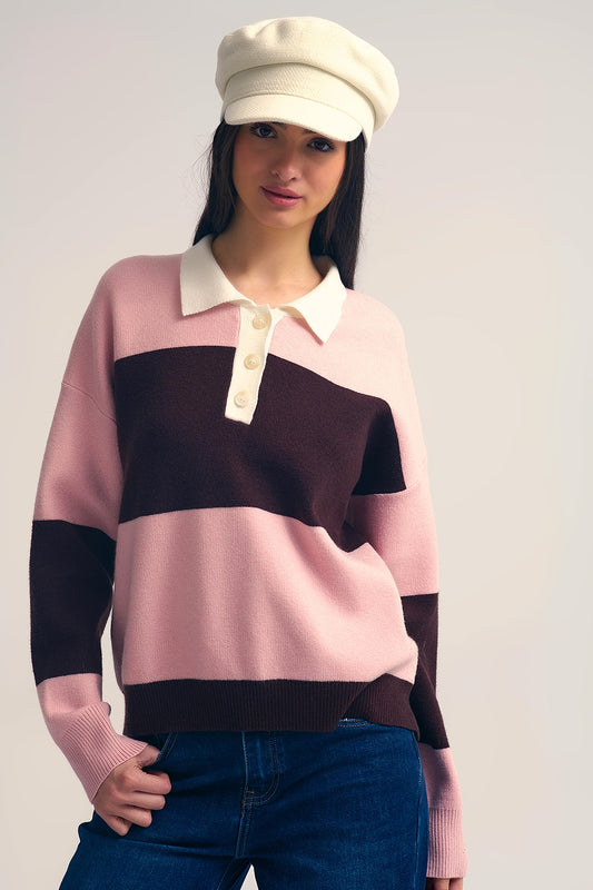 Q2 Pink Knit Polo Sweater with Brown Stripes
